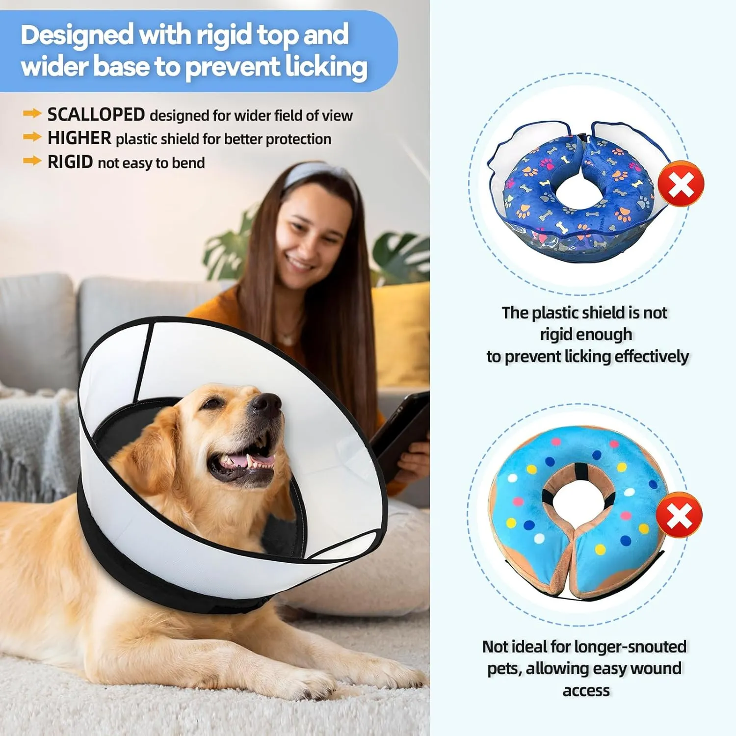 2-in-1 Inflatable Dog Cone Collar with Detachable Anti-Licking Shield, Soft Adjustable Elizabethan Collar for Dogs After Surgery (XL, Black)
