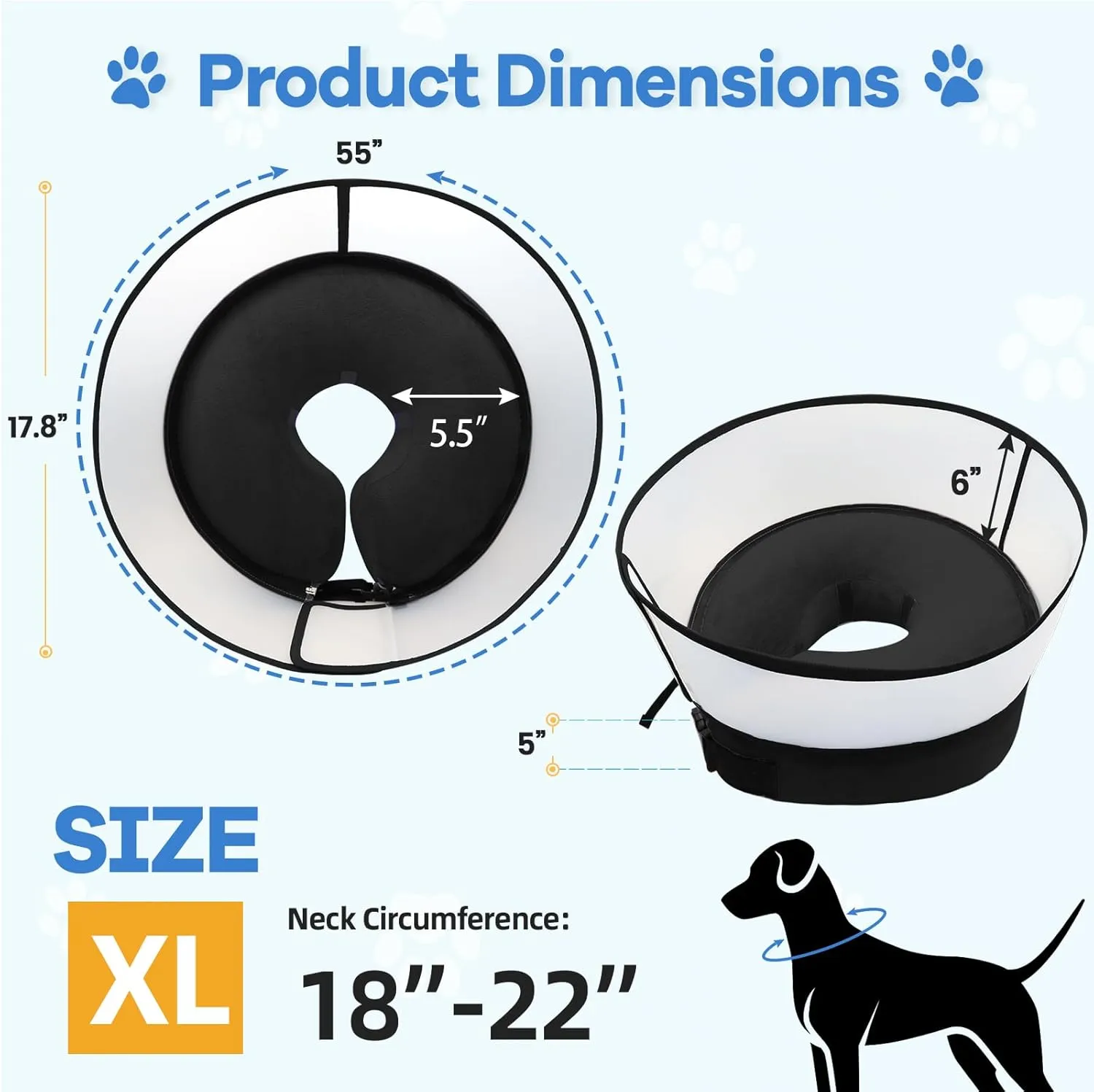 2-in-1 Inflatable Dog Cone Collar with Detachable Anti-Licking Shield, Soft Adjustable Elizabethan Collar for Dogs After Surgery (XL, Black)