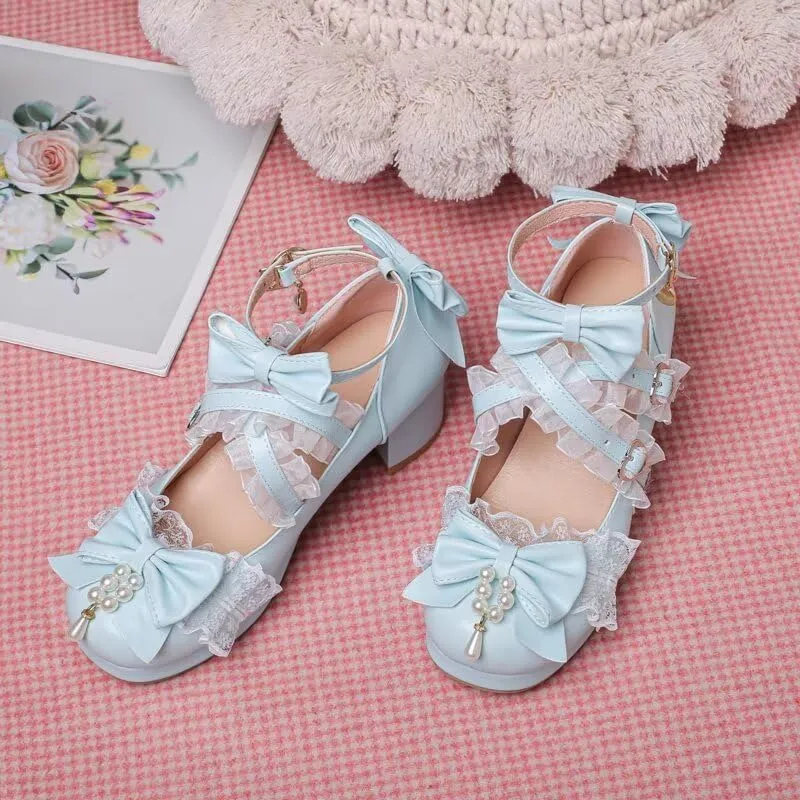 Agodor Women's Cute Bow High Heels Shoes Chunky Platform Mary Jane Cosplay Strappy Pumps Shoes