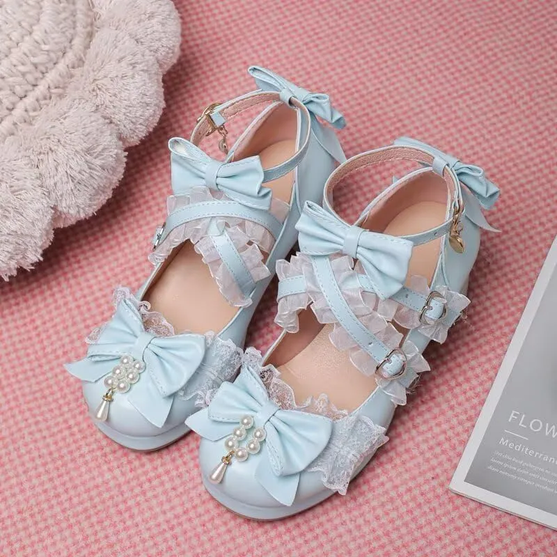 Agodor Women's Cute Bow High Heels Shoes Chunky Platform Mary Jane Cosplay Strappy Pumps Shoes