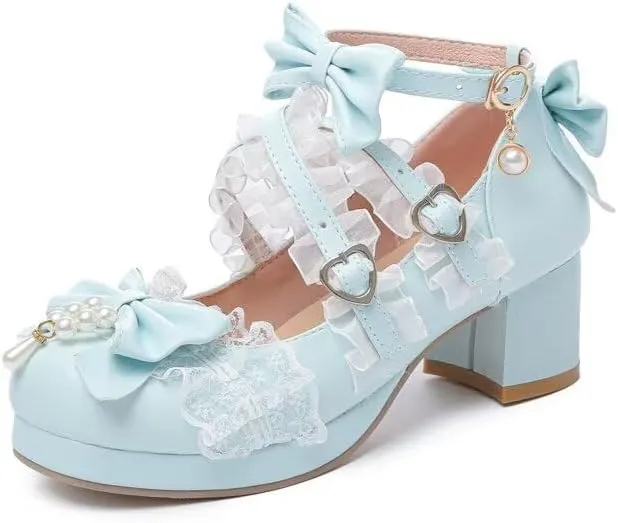 Agodor Women's Cute Bow High Heels Shoes Chunky Platform Mary Jane Cosplay Strappy Pumps Shoes