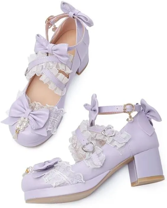 Agodor Women's Cute Bow High Heels Shoes Chunky Platform Mary Jane Cosplay Strappy Pumps Shoes