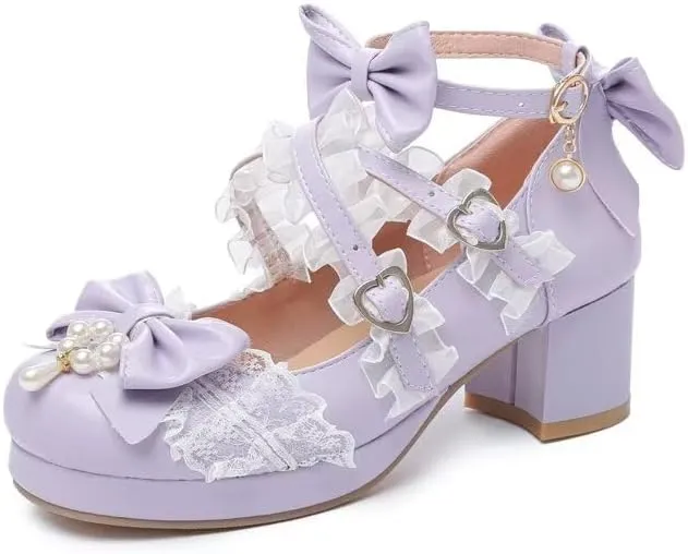 Agodor Women's Cute Bow High Heels Shoes Chunky Platform Mary Jane Cosplay Strappy Pumps Shoes