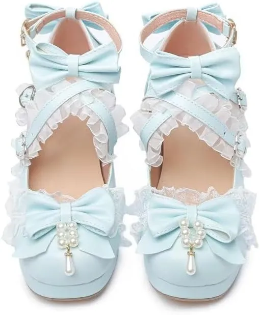 Agodor Women's Cute Bow High Heels Shoes Chunky Platform Mary Jane Cosplay Strappy Pumps Shoes