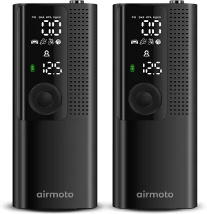 Airmoto Tire Inflator Portable Air Compressor - 2pack - Air Pump for Car Tires with Digital Pressure Gauge, LED Light and Auto Shut-Off Function - Cordless Pump for Car, Motorcycle, Bicycle, Balls