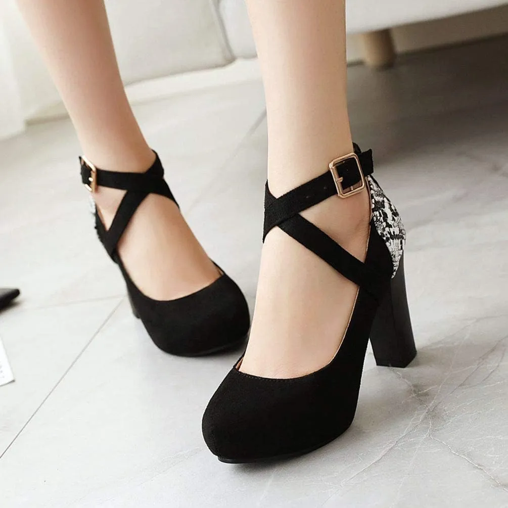 Caradise Womens Cross Strap High Block Heel Platform Pumps Round Closed Toe Dress Shoes