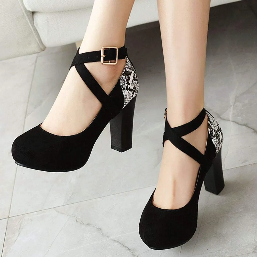 Caradise Womens Cross Strap High Block Heel Platform Pumps Round Closed Toe Dress Shoes