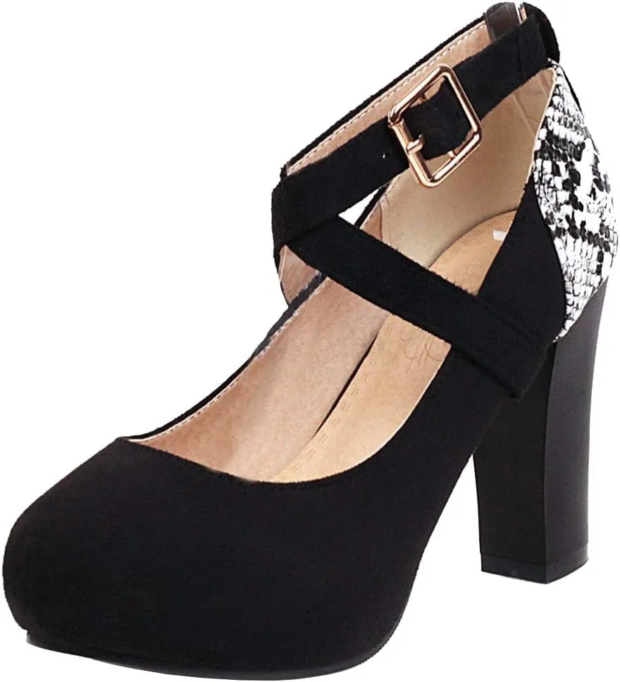 Caradise Womens Cross Strap High Block Heel Platform Pumps Round Closed Toe Dress Shoes