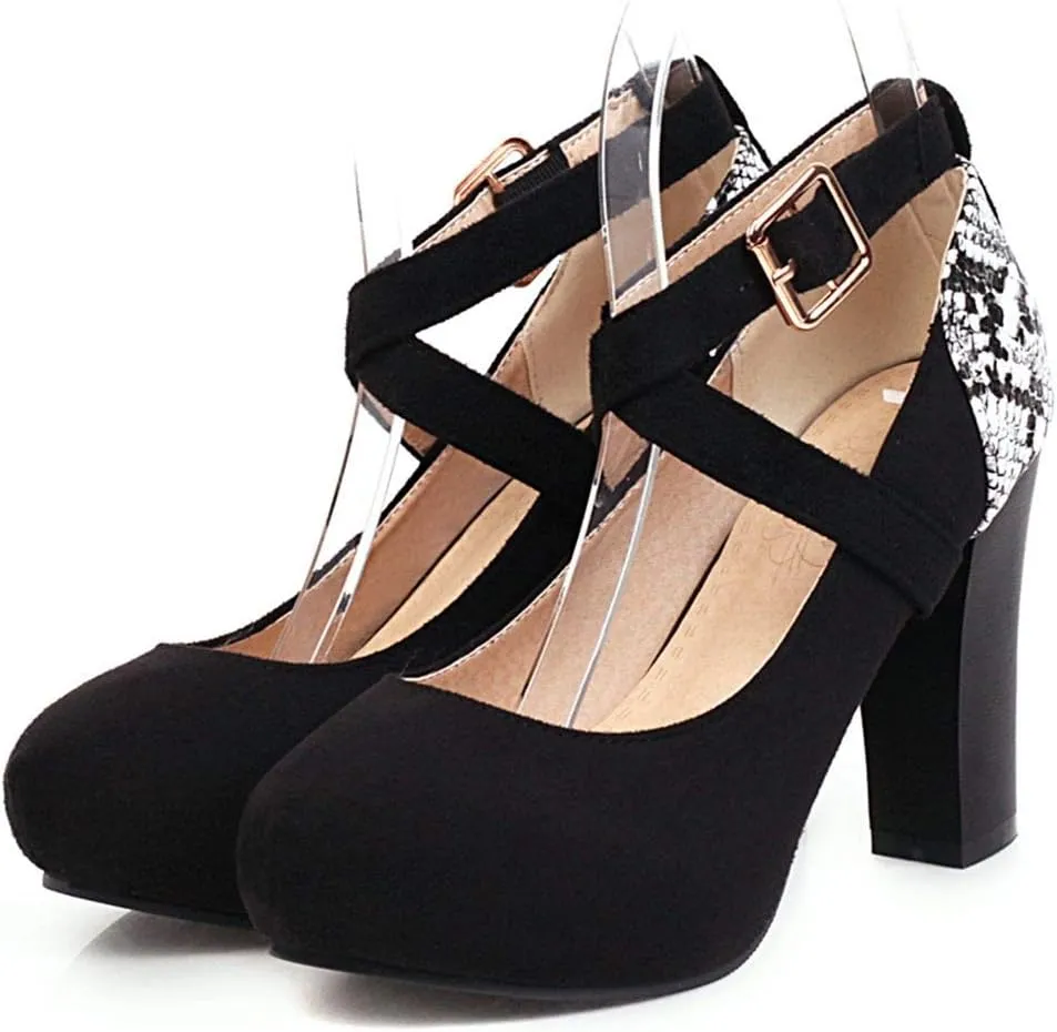 Caradise Womens Cross Strap High Block Heel Platform Pumps Round Closed Toe Dress Shoes