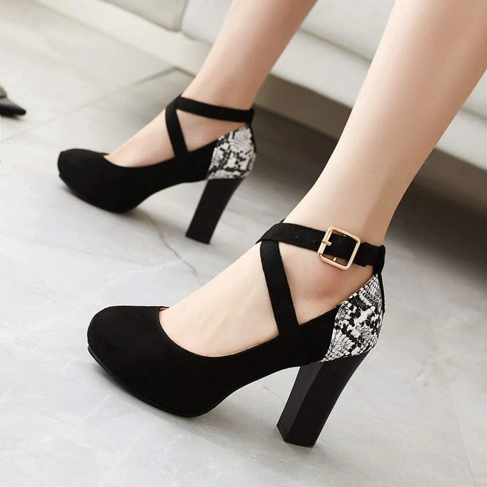 Caradise Womens Cross Strap High Block Heel Platform Pumps Round Closed Toe Dress Shoes