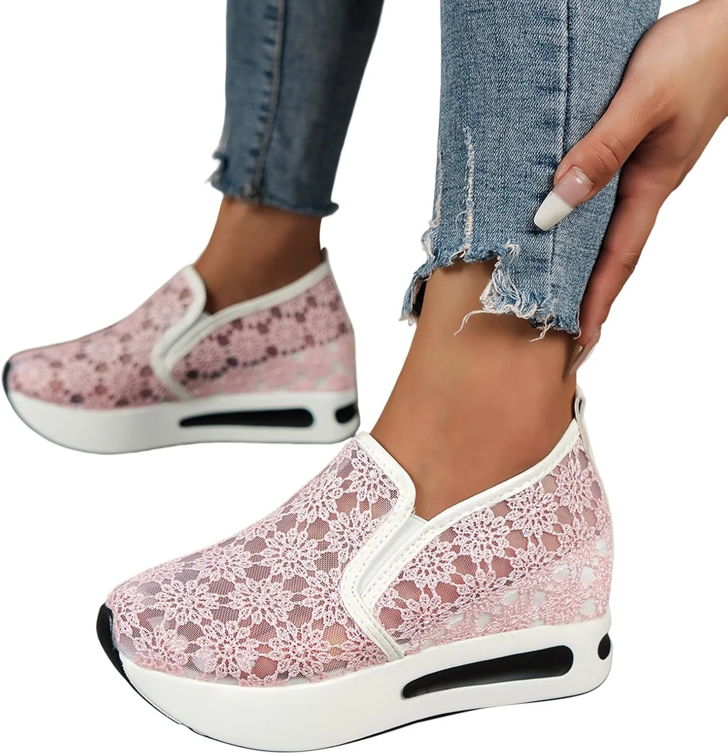 Chunky Fashion Sneakers for Women, Women's White Platform Sneakers Fashion Lace Embroidery Walking Tennis Shoes Lightweight Comfort Wedge Casual Sneakers for Gym Travel Work