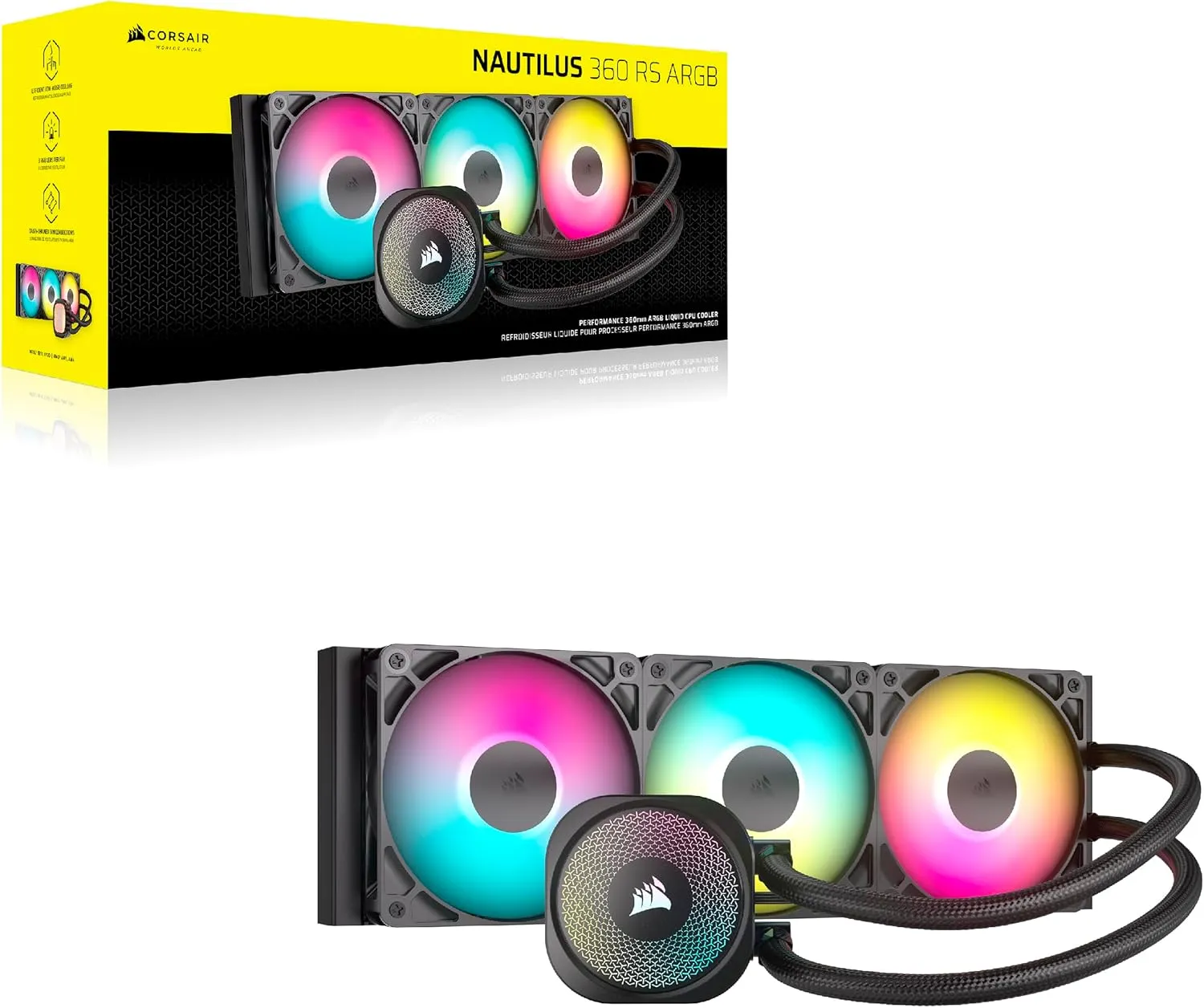 CORSAIR Nautilus 360 RS ARGB Liquid CPU Cooler – 360mm AIO – Low-Noise – Direct Motherboard Connection – Daisy-Chain – Intel LGA 1851/1700, AMD AM5/AM4 – 3X RS120 ARGB Fans Included – Black
