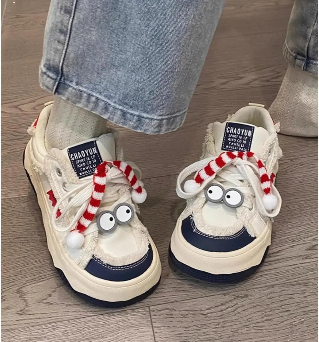 Cute & Quirky Women’s Walking Sneakers – Funky Fun Statement Shoes with Googly Eyes & Cute 3D Details Lion Face Bow Accents! Perfect for Trendsetters!