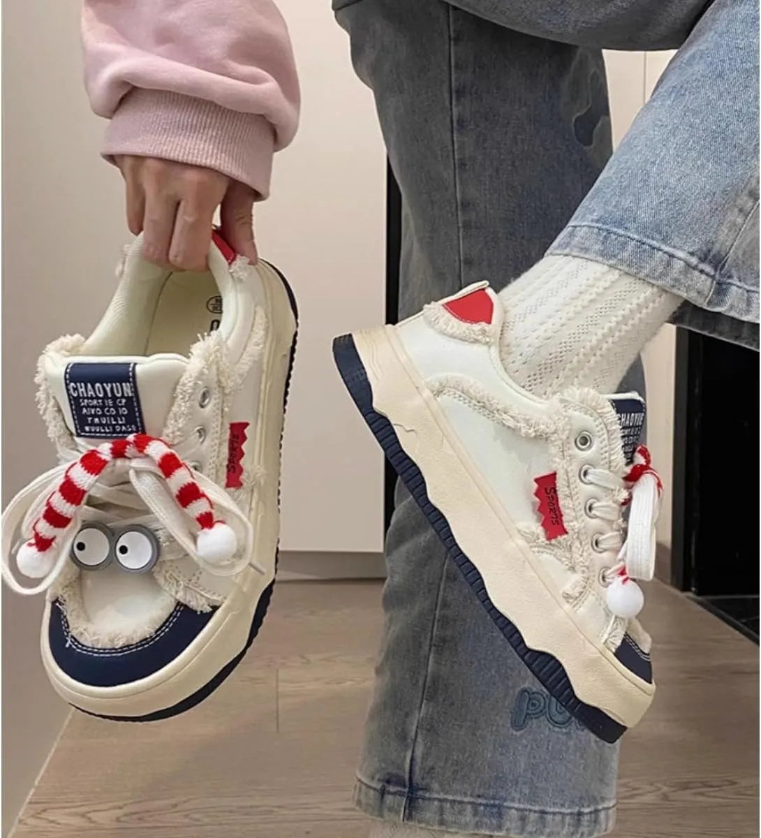Cute & Quirky Women’s Walking Sneakers – Funky Fun Statement Shoes with Googly Eyes & Cute 3D Details Lion Face Bow Accents! Perfect for Trendsetters!