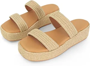 Dsevht Platform Sandals Women Cute Wedge Espadrilles Slip on Summer Beach Raffia Vacation Sandal Comfortable Open Toe Dressy Shoes
