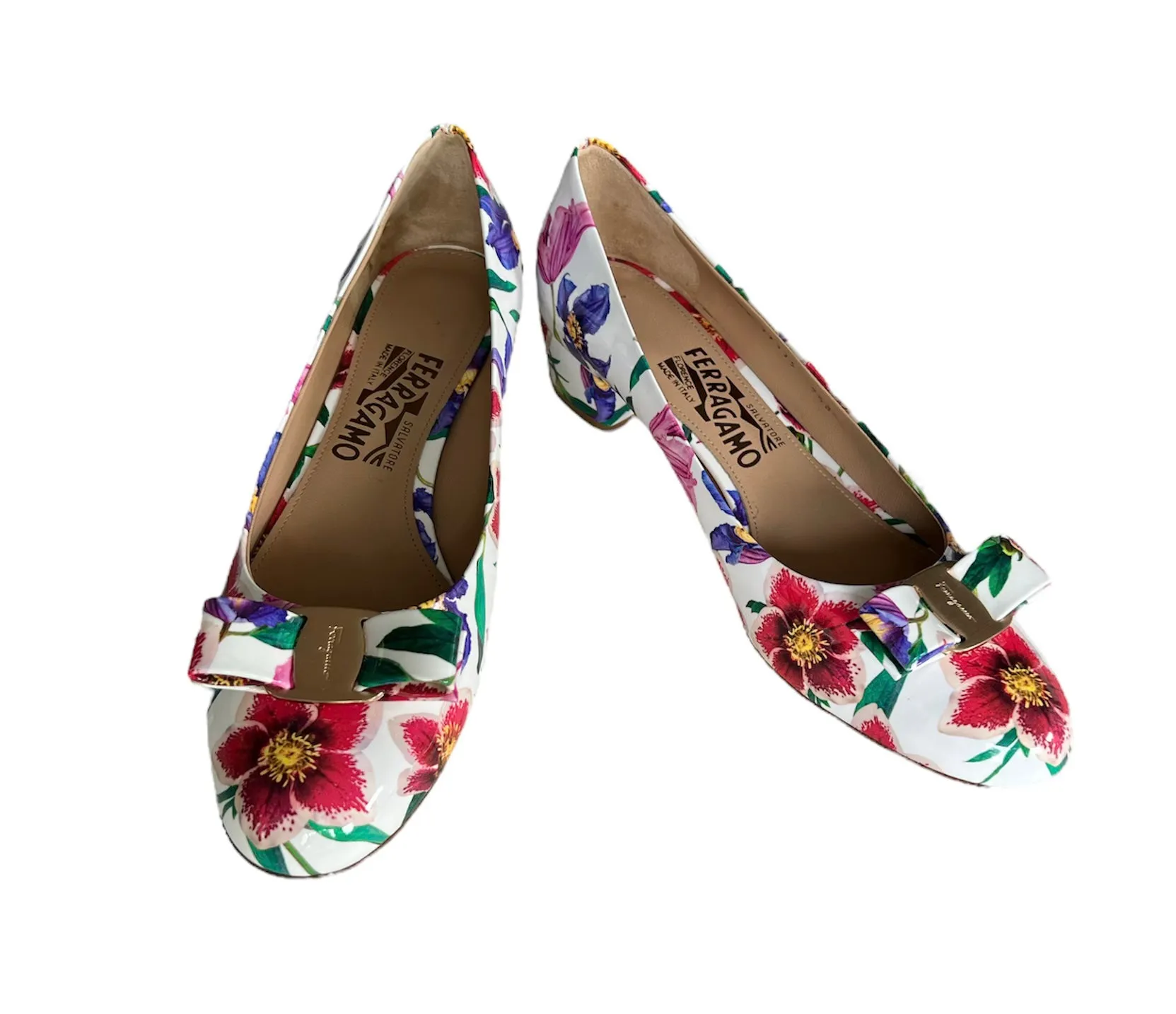 Floral Ferragamo Patent Leather Bow Low Heel Ballerina Shoes, 9.5B