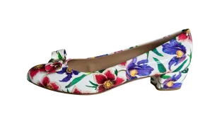 Floral Ferragamo Patent Leather Bow Low Heel Ballerina Shoes, 9.5B