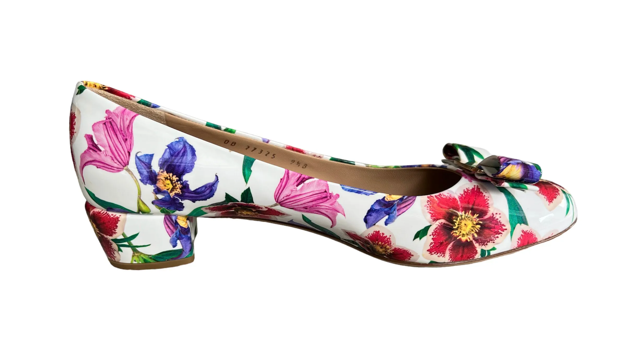 Floral Ferragamo Patent Leather Bow Low Heel Ballerina Shoes, 9.5B