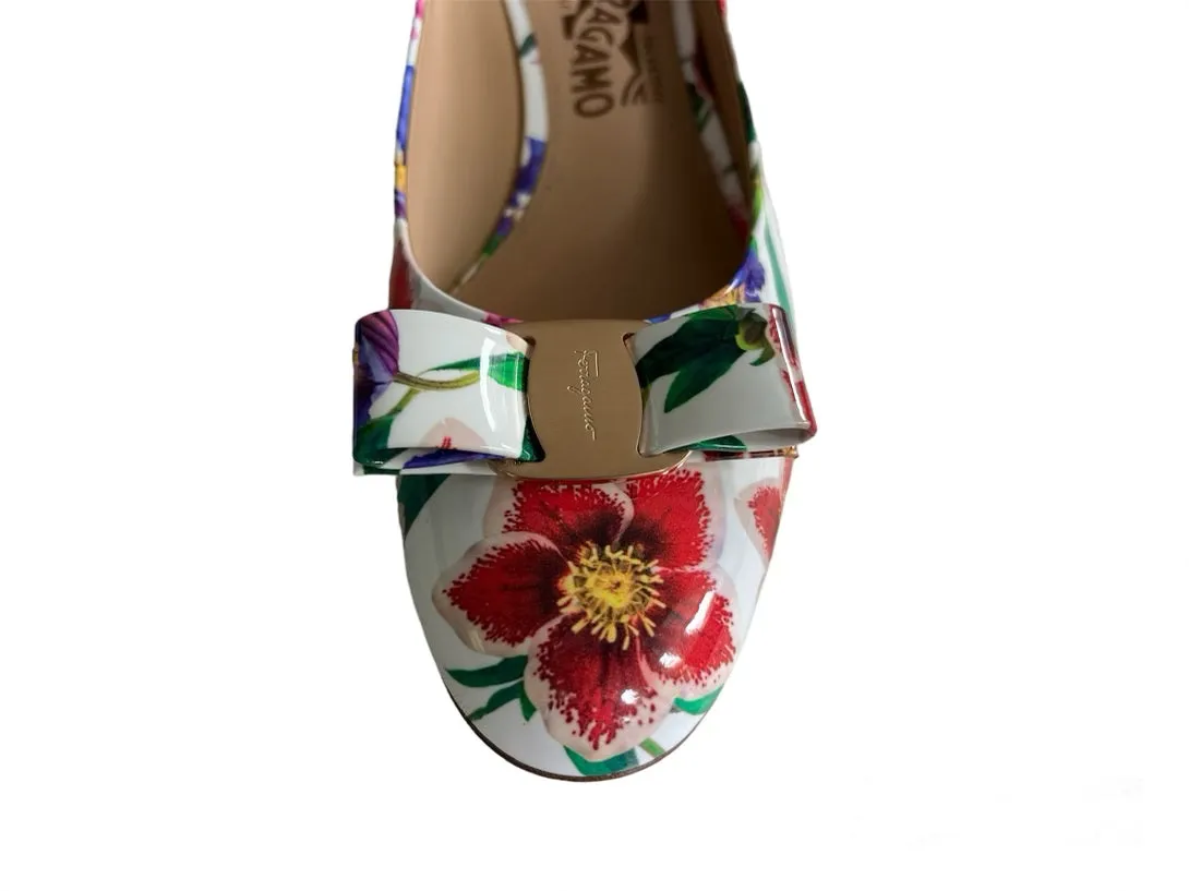 Floral Ferragamo Patent Leather Bow Low Heel Ballerina Shoes, 9.5B