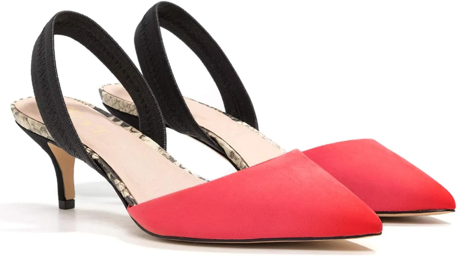 FOWT Women’s Cap Toe Kitten Heels Pumps Snakeskin D'Orsay Slingback Sandals Two Toned Strappy Pump Slip-ON Backless Suede Upper for Spring Summer Beach Outdoor Shoes Size 4-16 US