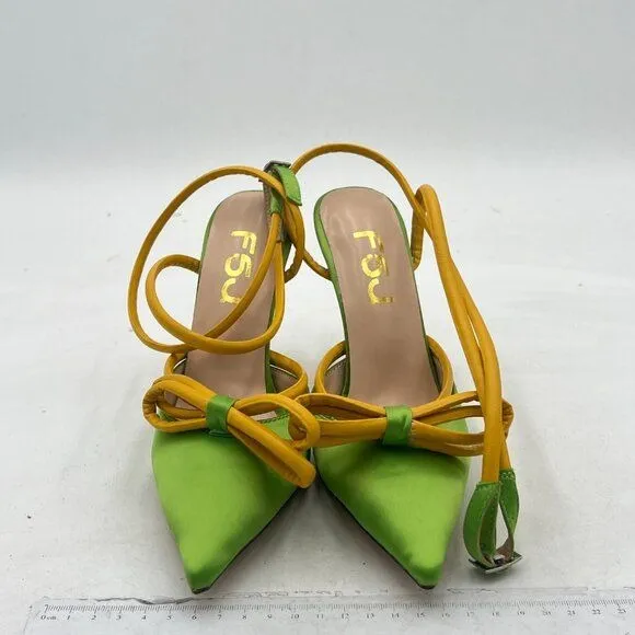 FSJ Lime Green Pointy Toe Stiletto High Heel Sandal Bowknot Lace Up Party Shoes