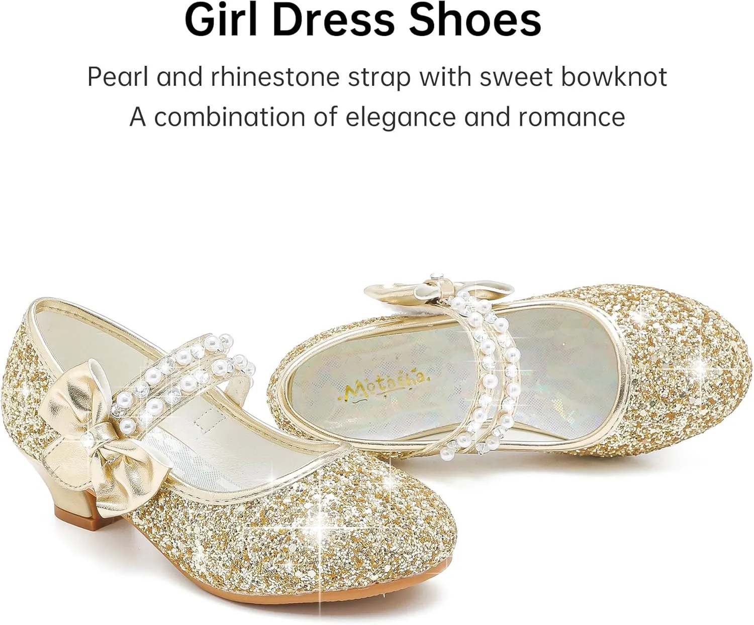 Girls Dress Shoes - Flower Girl Shoes with Low Heel Pump, Glitter Princess Heels for Toddler to Big Kids - Birthday, Christmas, Wedding & Party Occasions