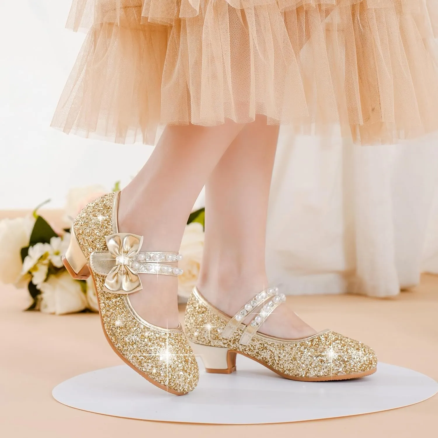 Girls Dress Shoes - Flower Girl Shoes with Low Heel Pump, Glitter Princess Heels for Toddler to Big Kids - Birthday, Christmas, Wedding & Party Occasions