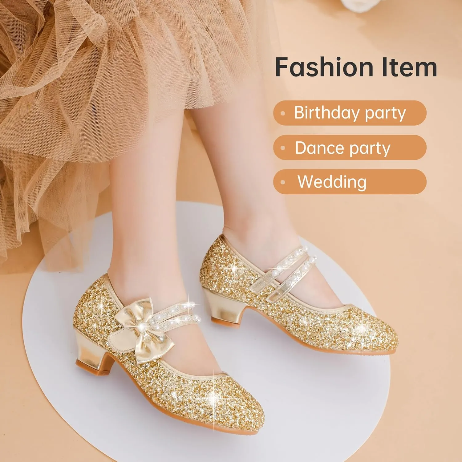 Girls Dress Shoes - Flower Girl Shoes with Low Heel Pump, Glitter Princess Heels for Toddler to Big Kids - Birthday, Christmas, Wedding & Party Occasions
