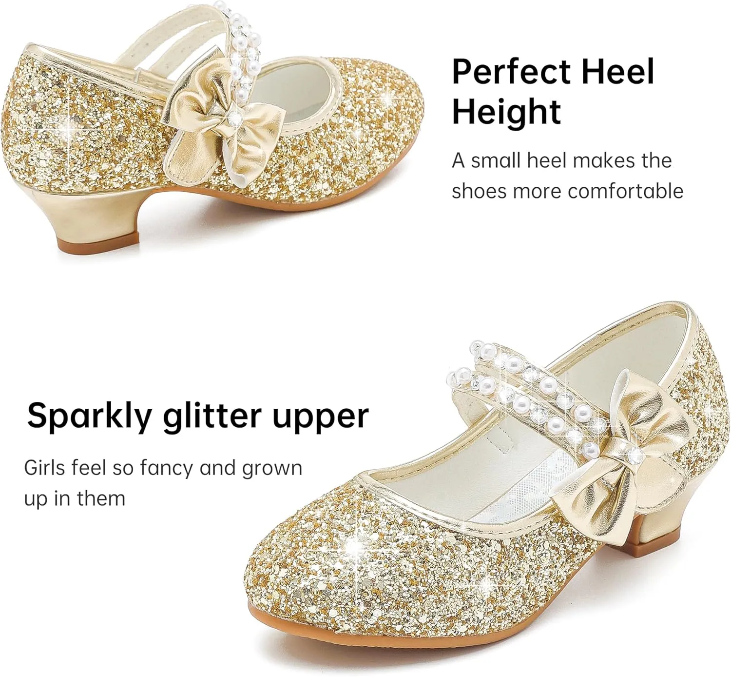Girls Dress Shoes - Flower Girl Shoes with Low Heel Pump, Glitter Princess Heels for Toddler to Big Kids - Birthday, Christmas, Wedding & Party Occasions