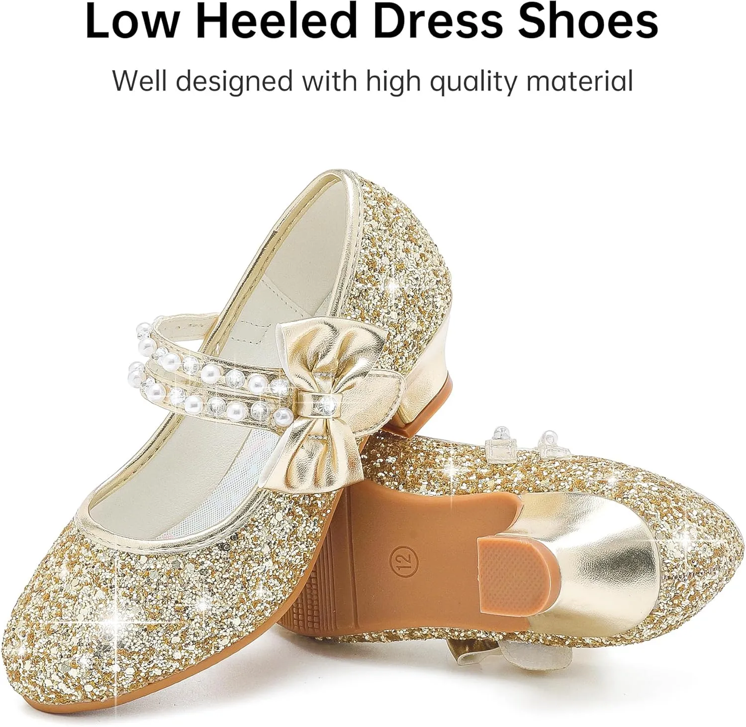 Girls Dress Shoes - Flower Girl Shoes with Low Heel Pump, Glitter Princess Heels for Toddler to Big Kids - Birthday, Christmas, Wedding & Party Occasions