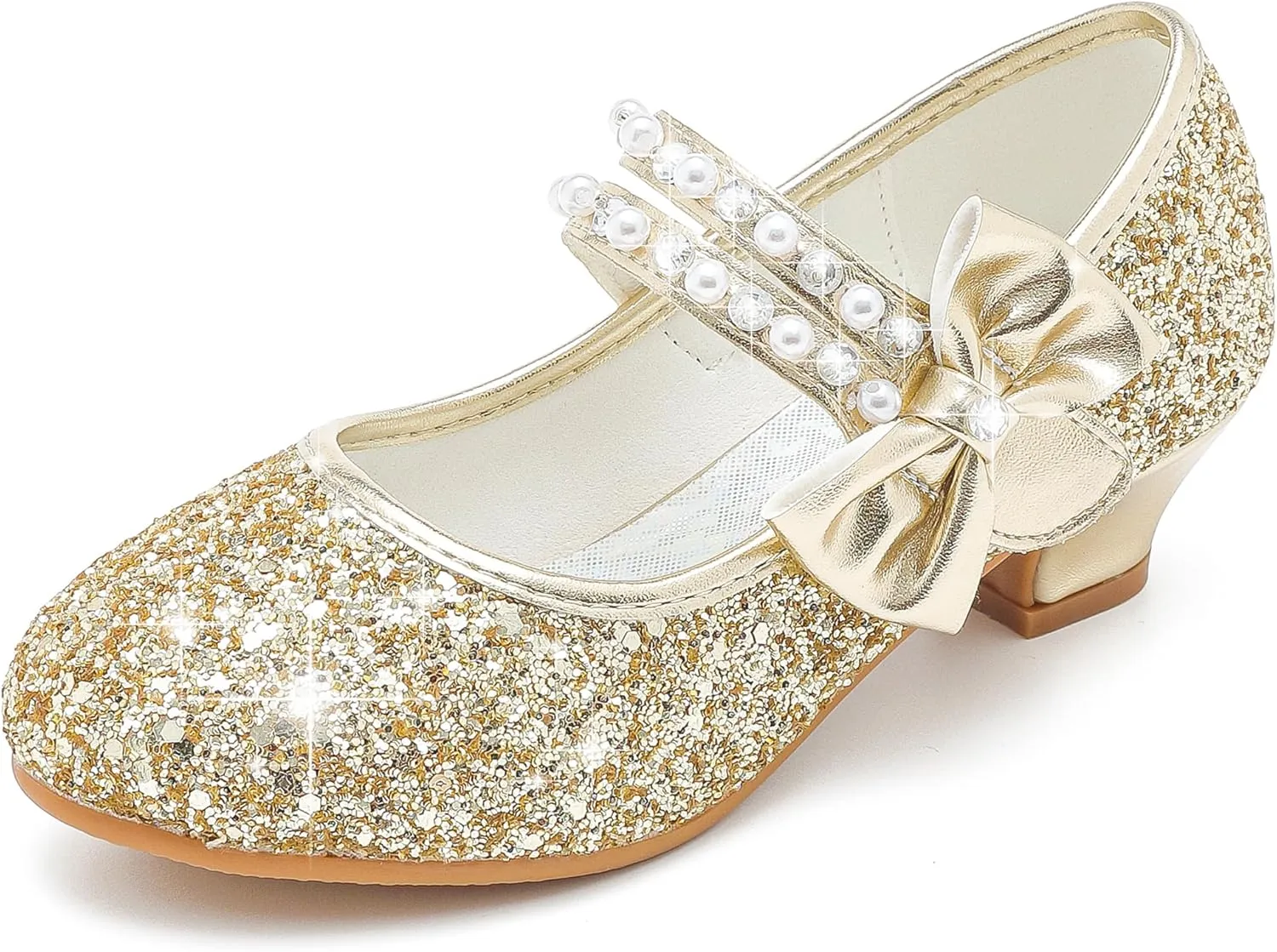 Girls Dress Shoes - Flower Girl Shoes with Low Heel Pump, Glitter Princess Heels for Toddler to Big Kids - Birthday, Christmas, Wedding & Party Occasions