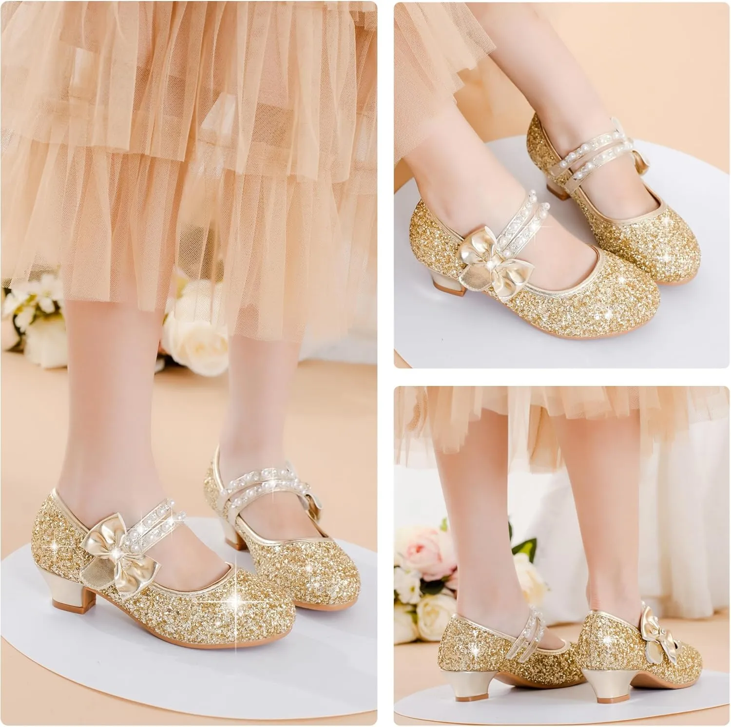 Girls Dress Shoes - Flower Girl Shoes with Low Heel Pump, Glitter Princess Heels for Toddler to Big Kids - Birthday, Christmas, Wedding & Party Occasions