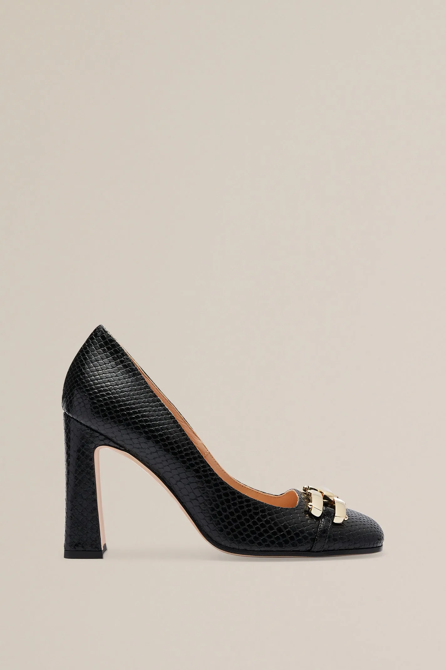 GOLD TRIM SQUARE TOE PUMP 9.5 - BLACK.SNAKE