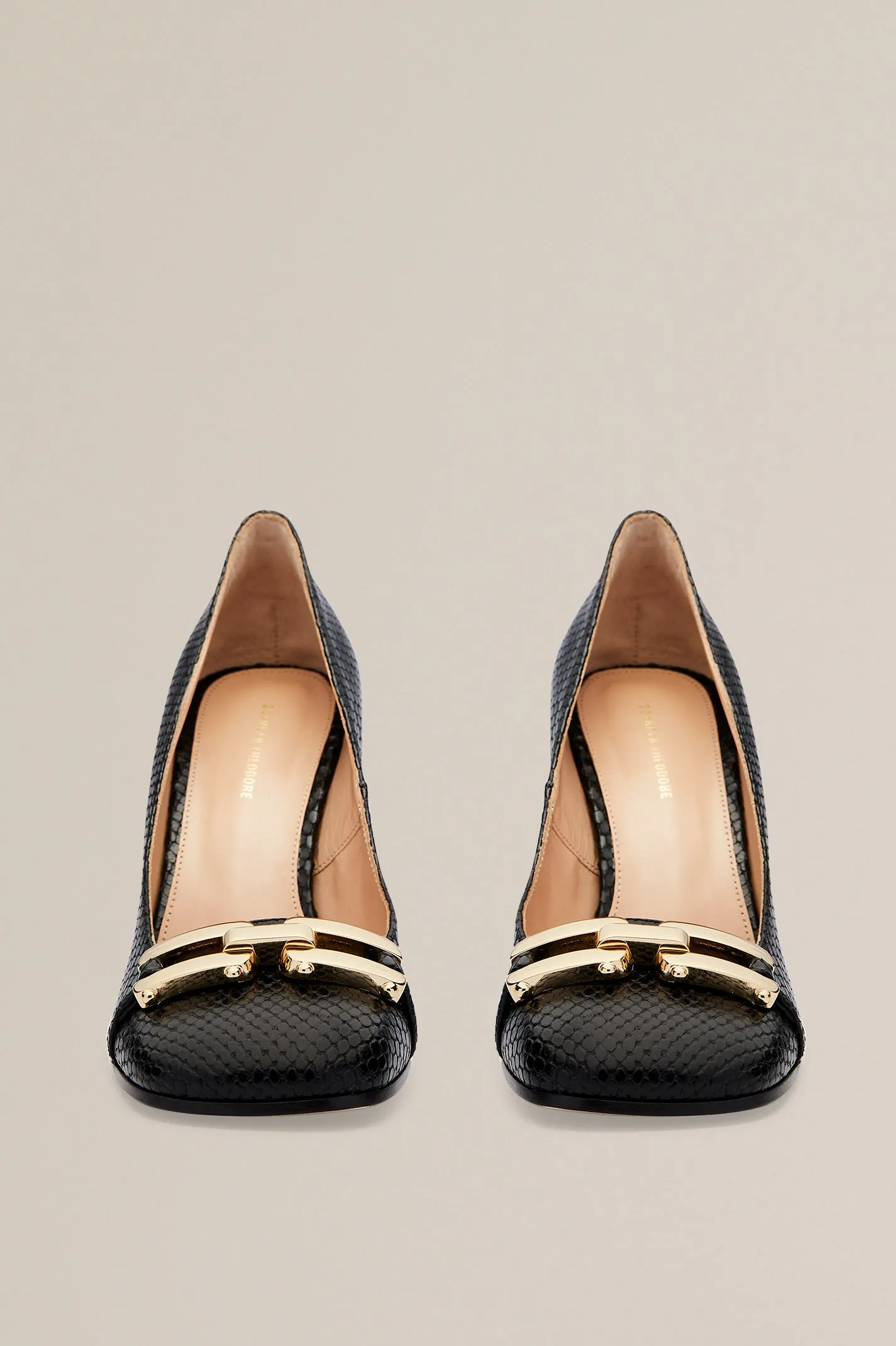 GOLD TRIM SQUARE TOE PUMP 9.5 - BLACK.SNAKE