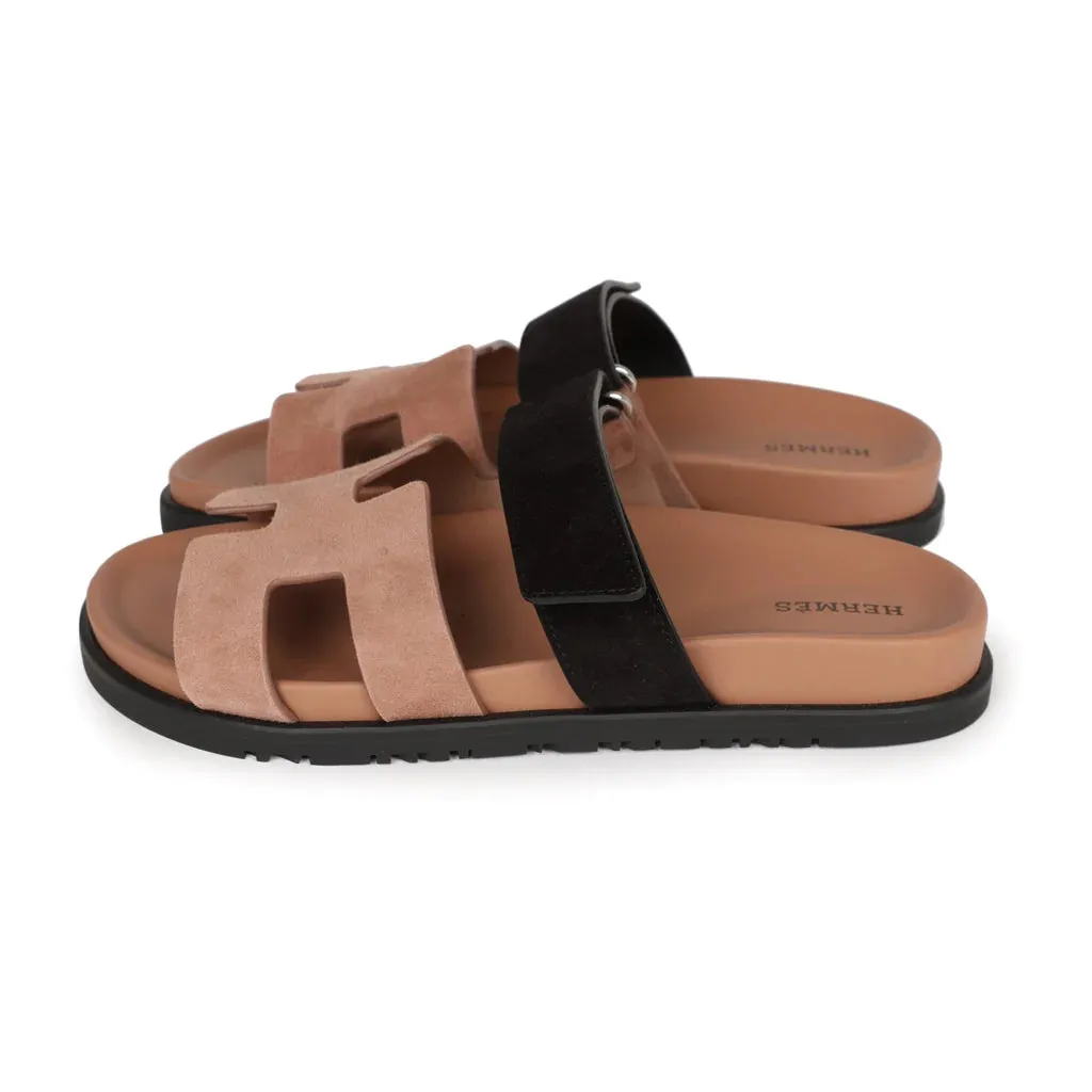 Hermes Chypre Sandal Suede Rose Perle / Noir