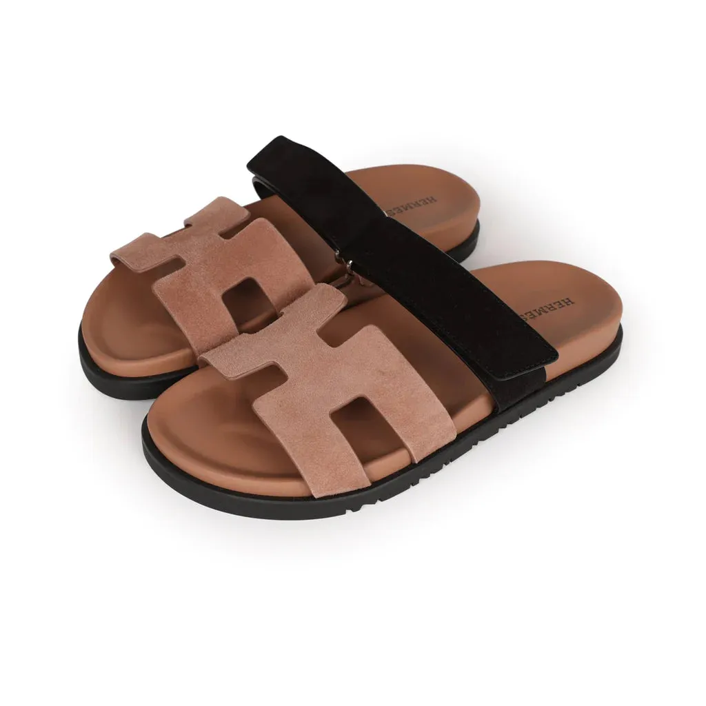 Hermes Chypre Sandal Suede Rose Perle / Noir