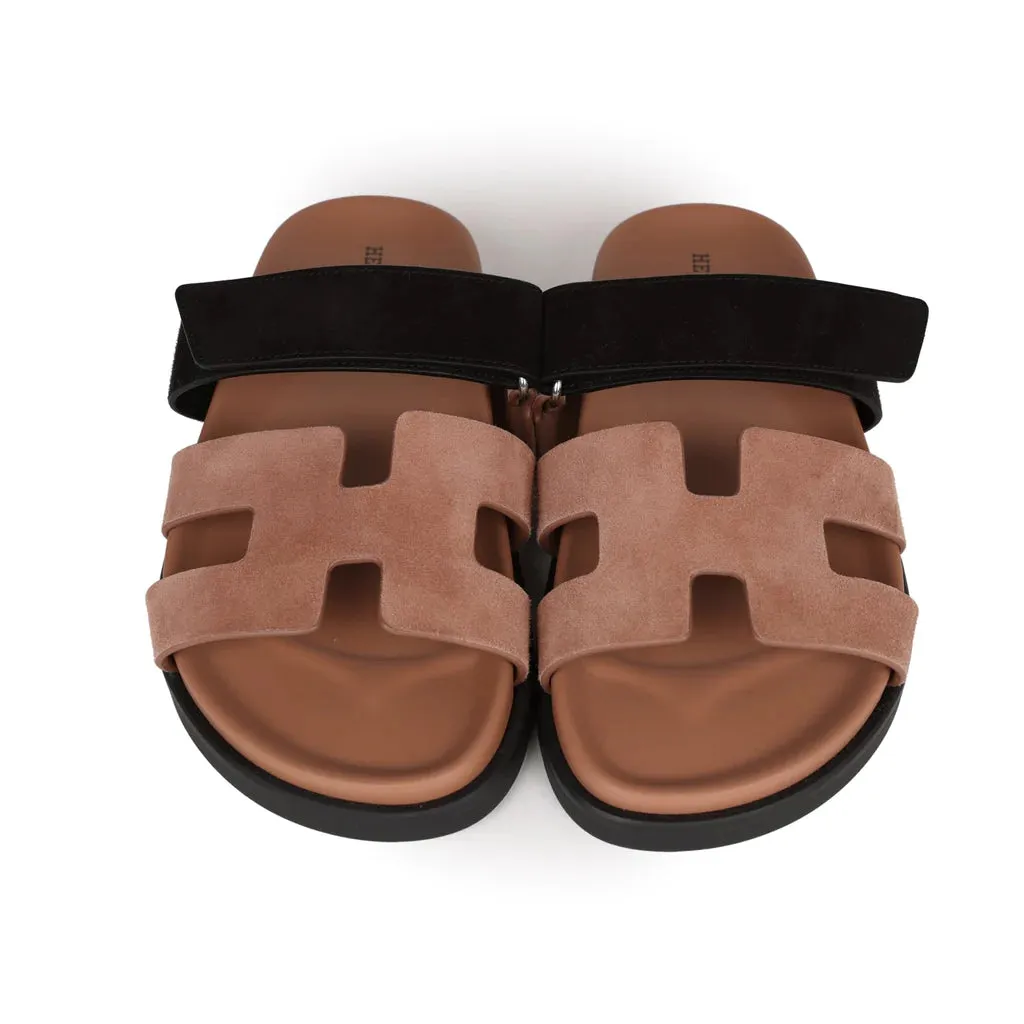Hermes Chypre Sandal Suede Rose Perle / Noir