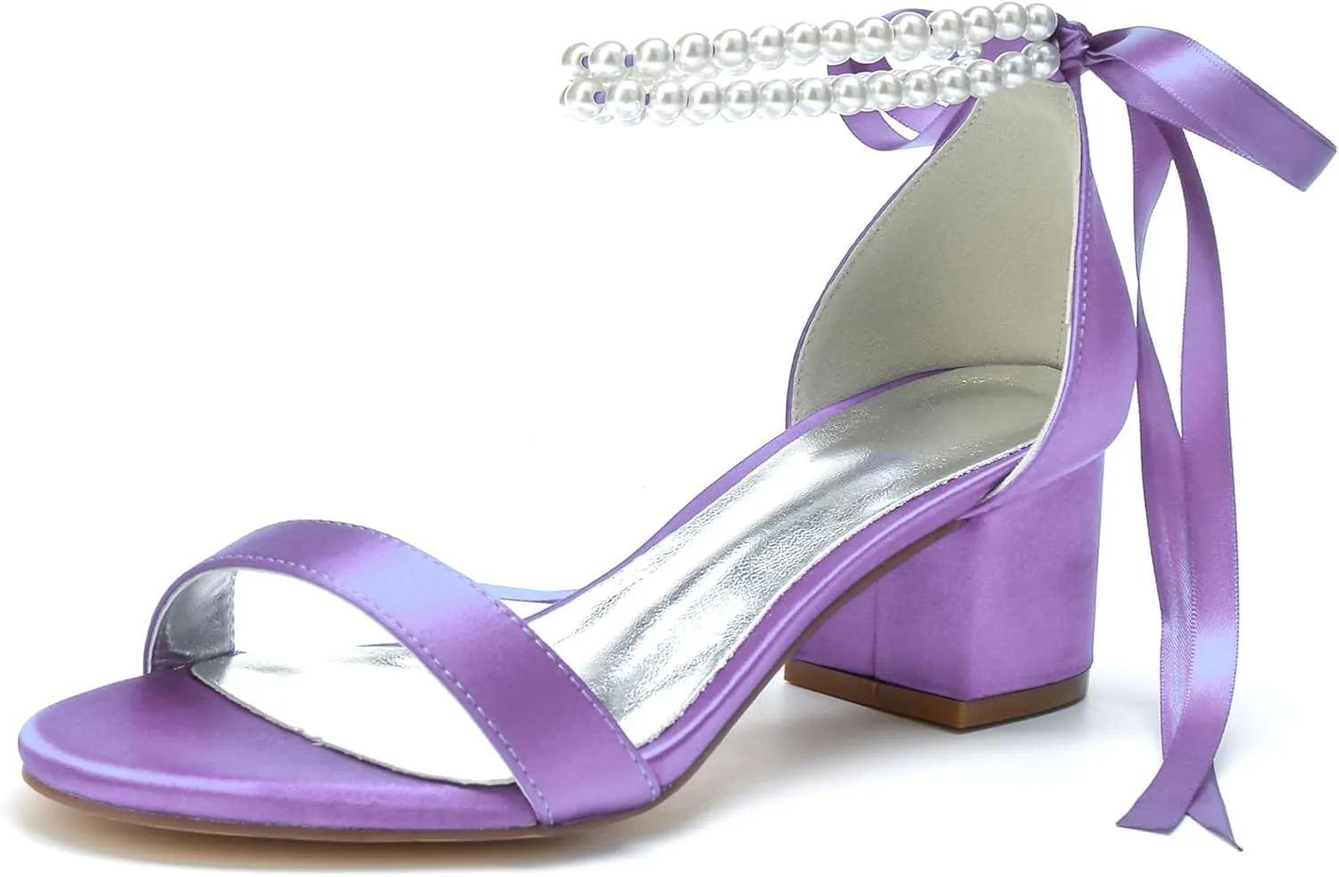 Hyinlays Women's Low Block Heel Wedding Shoes for Bride Open Toe Sandals Chunky Satin Pearl Prom Party Dress Shoes Comfortable Formal Pump Sandals