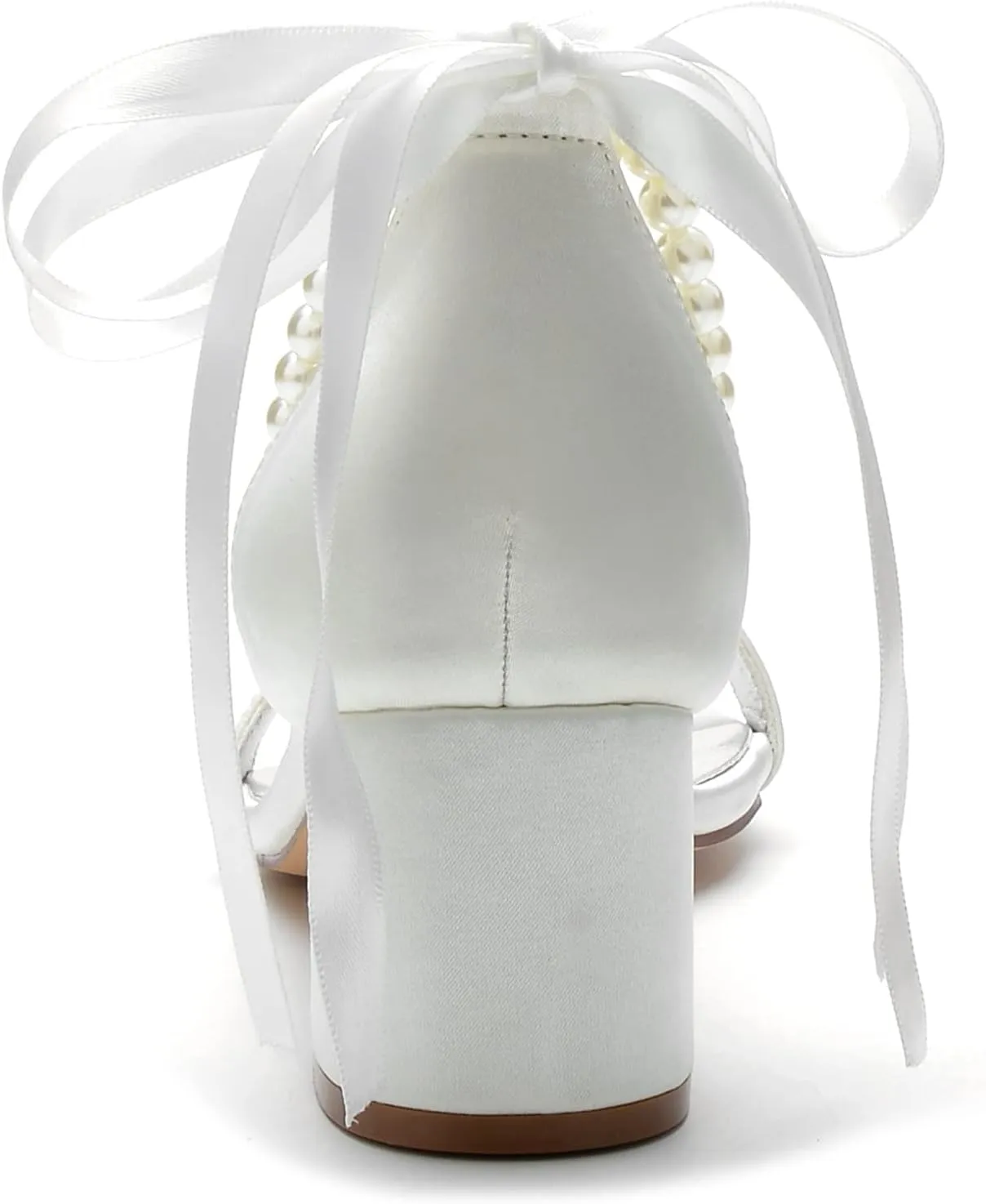 Hyinlays Women's Low Block Heel Wedding Shoes for Bride Open Toe Sandals Chunky Satin Pearl Prom Party Dress Shoes Comfortable Formal Pump Sandals