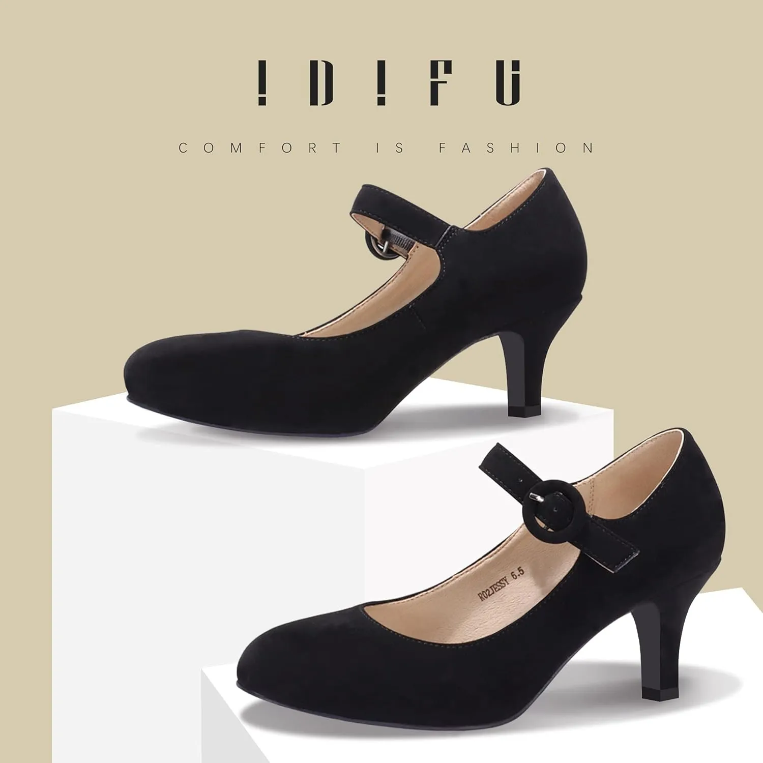 IDIFU Women's Jessy Dress Mary Jane Shoes Low Kitten Heels Closed Round Toe Office Work Wedding Pumps