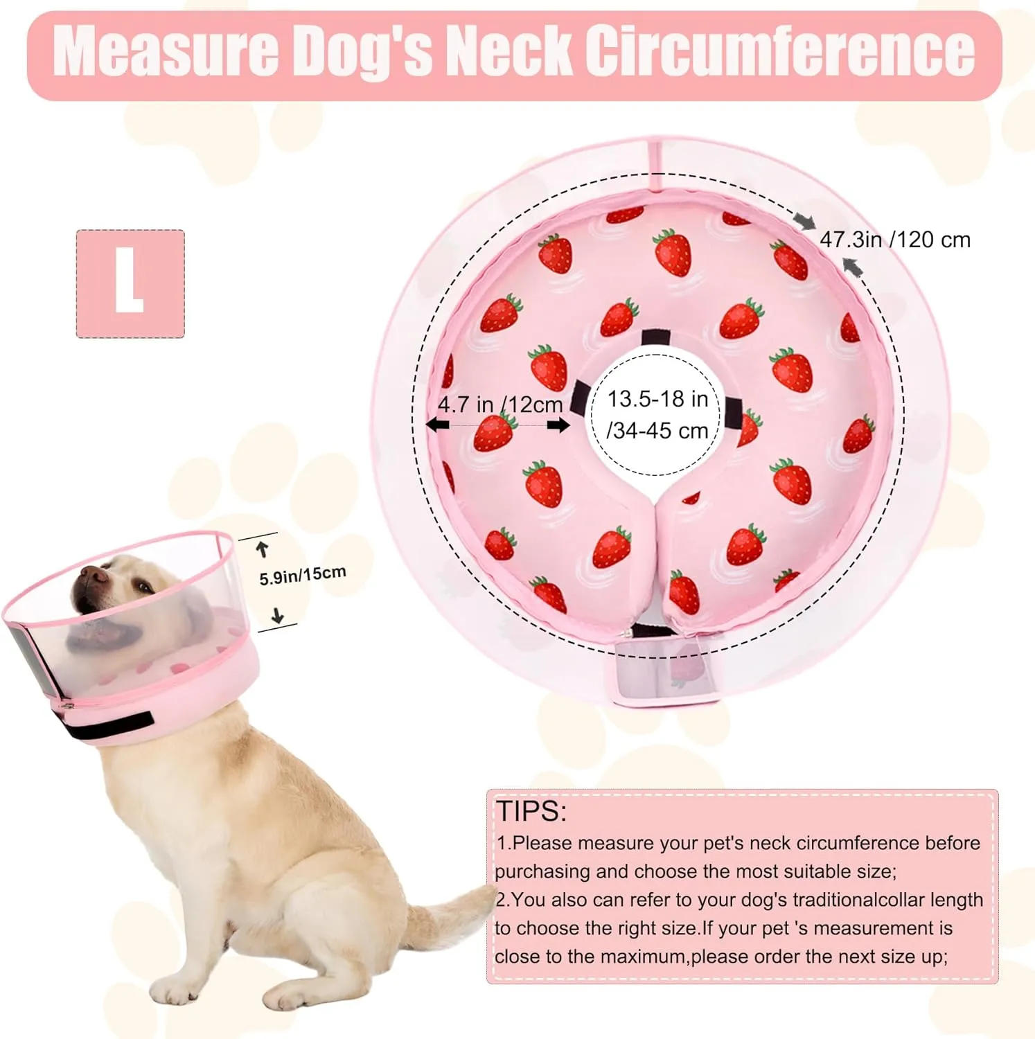 Inflatable Dog Cone Collar for Large Medium Small Dogs, Soft Dog Donut Collar Adjustable Recovery Cone for Pets After Surgery, Extra Enhanced Anti-Licking Guard Shield (Strawberry Print, Large)