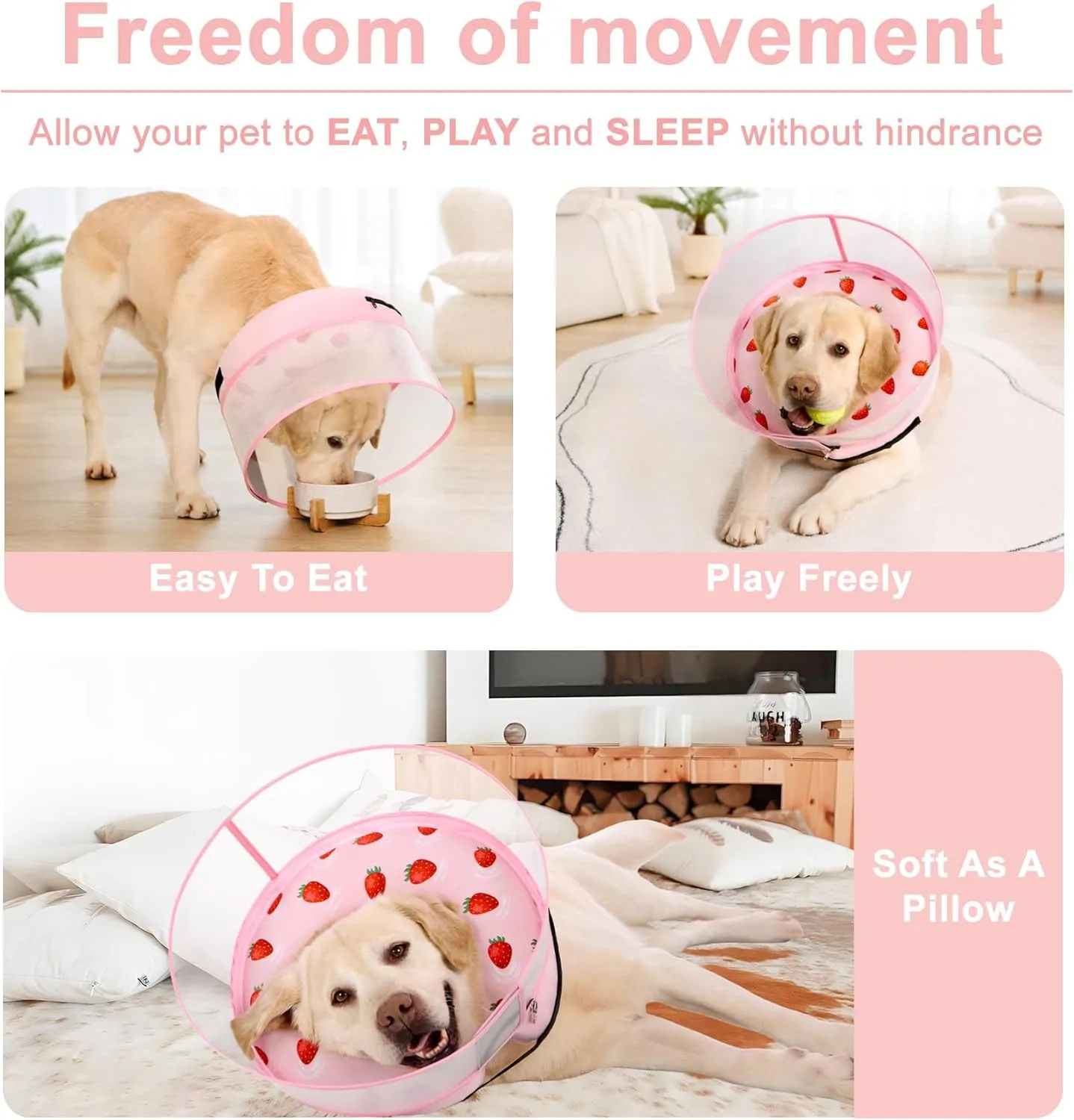Inflatable Dog Cone Collar for Large Medium Small Dogs, Soft Dog Donut Collar Adjustable Recovery Cone for Pets After Surgery, Extra Enhanced Anti-Licking Guard Shield (Strawberry Print, Large)