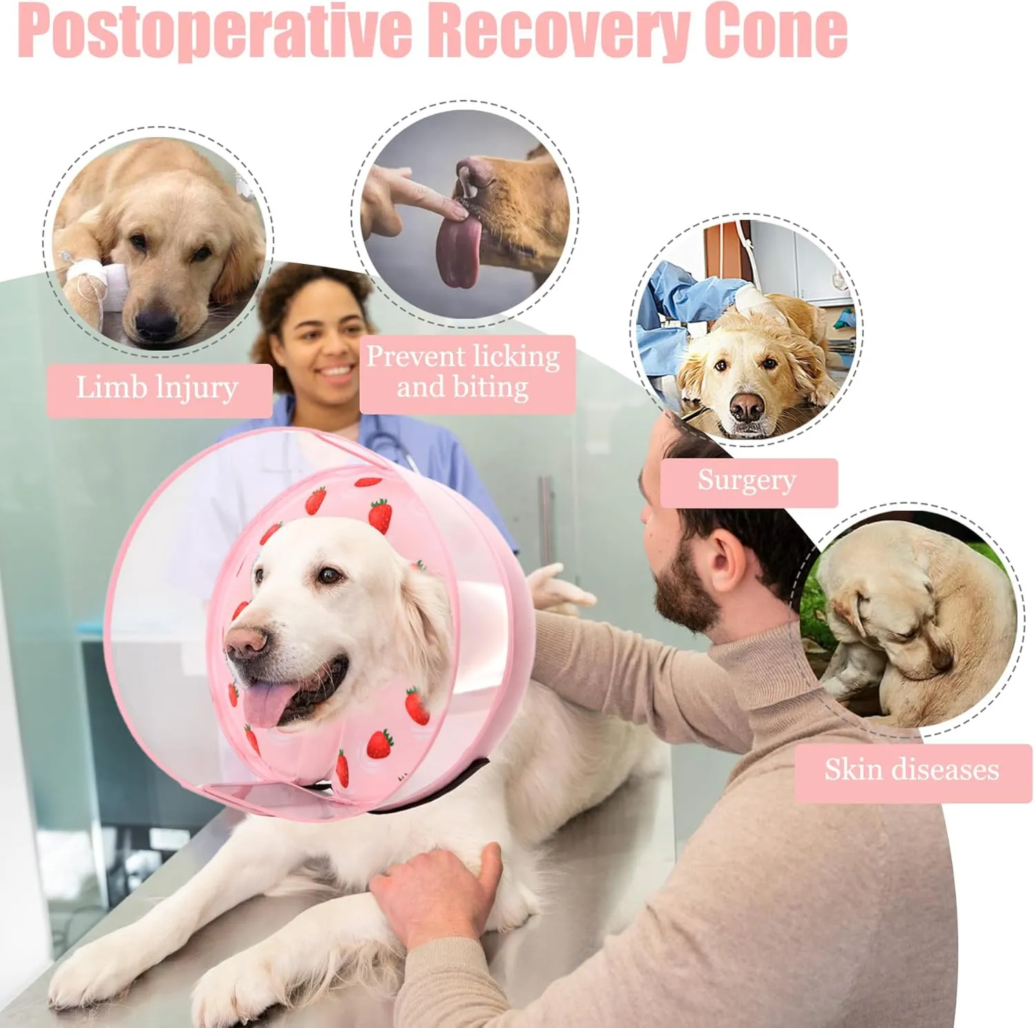 Inflatable Dog Cone Collar for Large Medium Small Dogs, Soft Dog Donut Collar Adjustable Recovery Cone for Pets After Surgery, Extra Enhanced Anti-Licking Guard Shield (Strawberry Print, Large)