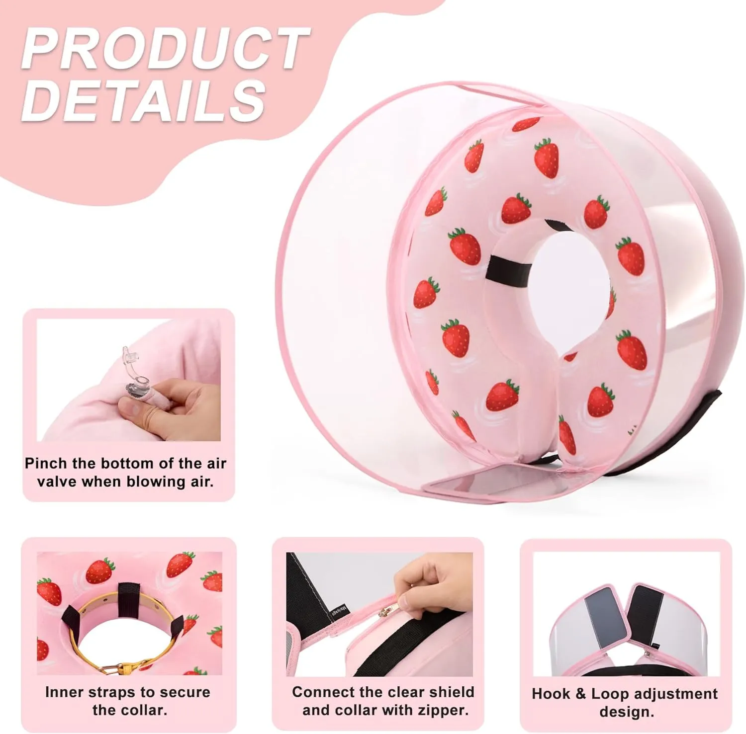 Inflatable Dog Cone Collar for Large Medium Small Dogs, Soft Dog Donut Collar Adjustable Recovery Cone for Pets After Surgery, Extra Enhanced Anti-Licking Guard Shield (Strawberry Print, Large)