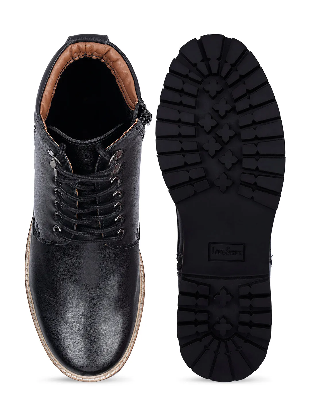 Jet Black Handcrafted Derby Lace Up Chain Boots