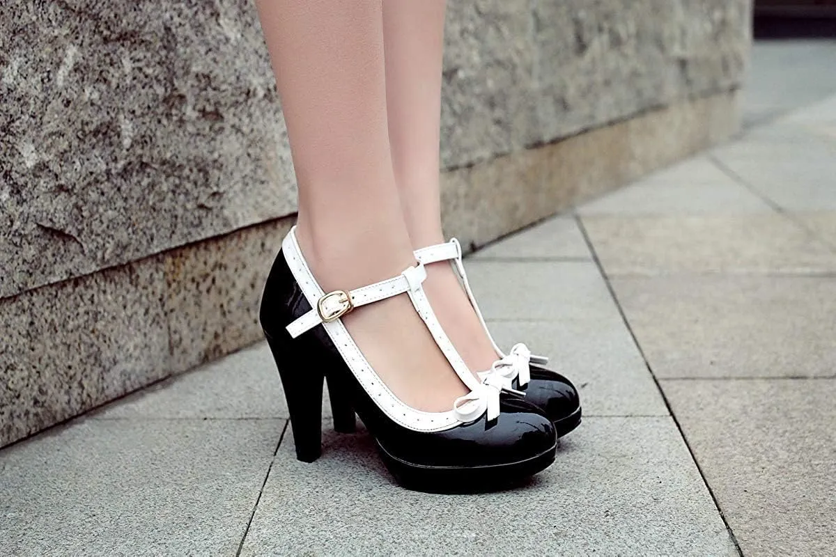 JITUUE Women's Chic Sweet Round Toe T-Strap Bows Adorable Buckle Lolita Cone Mary Janes Dress High Heel Pumps Shoes