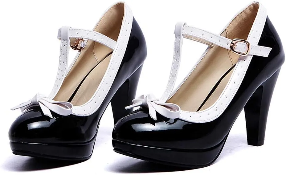 JITUUE Women's Chic Sweet Round Toe T-Strap Bows Adorable Buckle Lolita Cone Mary Janes Dress High Heel Pumps Shoes