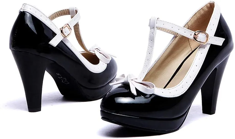 JITUUE Women's Chic Sweet Round Toe T-Strap Bows Adorable Buckle Lolita Cone Mary Janes Dress High Heel Pumps Shoes