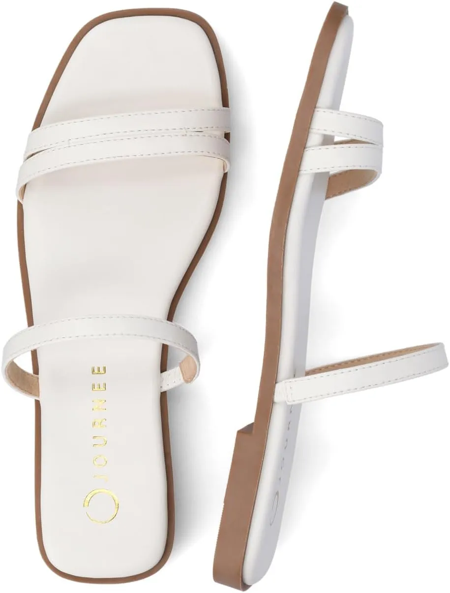 Journee Collection Womens Brisa Slip On Flat Sandals Multi Strap Cushioned Open Square Toe Spring Summer Shoe