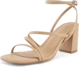 LACUONE Strappy Heels for women Block Heels Square Toe Chunky Ankle Buckle Pump Heeled Sandals
